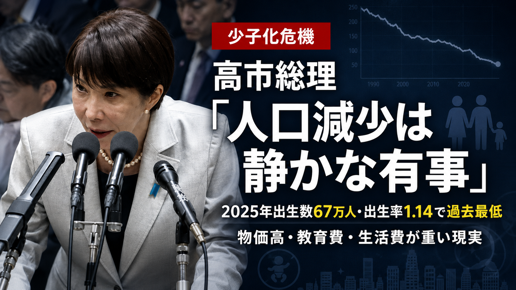出生数67万人と出生率1.14で過去最低となった日本の少子化問題を示す報道イメージ