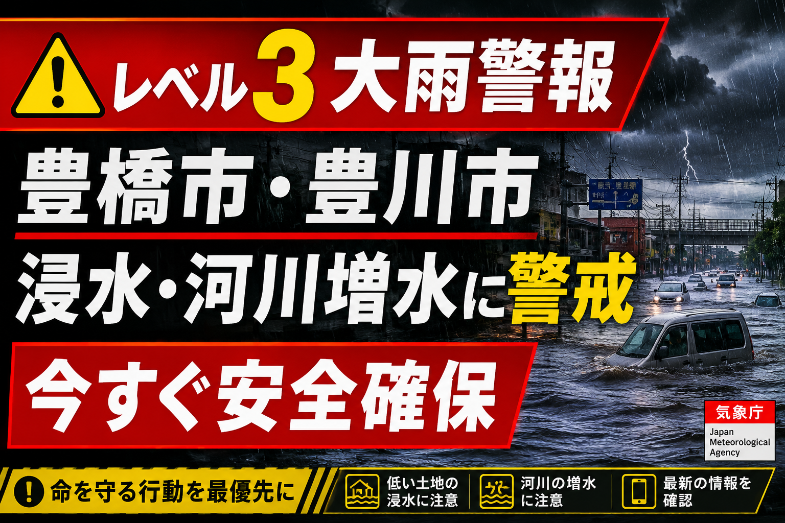 暴風雨の中で冠水した道路と車両を背景に、豊橋市・豊川市の大雨警報と浸水警戒を知らせる緊急注意喚起画像