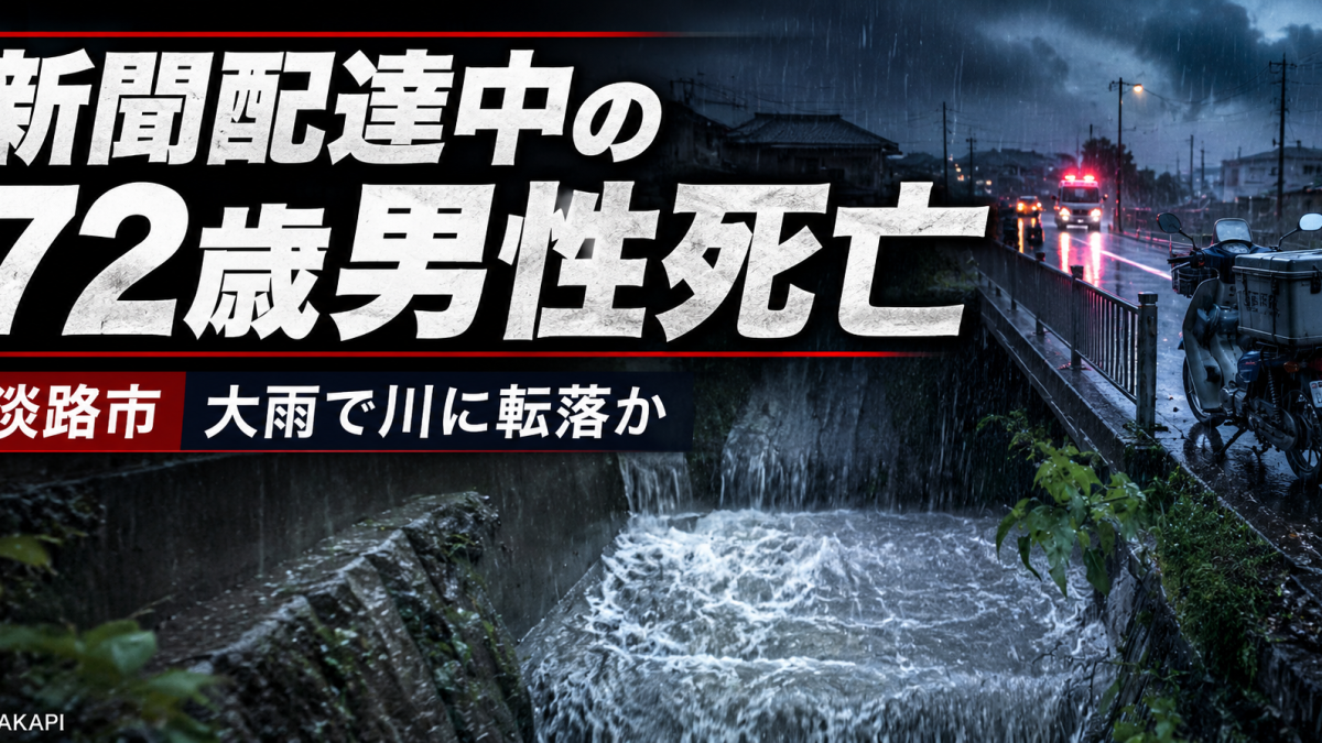 兵庫県淡路市で新聞配達中の72歳男性が大雨で増水した川に転落した可能性があり死亡した事故を伝える報道アイキャッチ