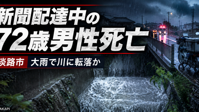 兵庫県淡路市で新聞配達中の72歳男性が大雨で増水した川に転落した可能性があり死亡した事故を伝える報道アイキャッチ