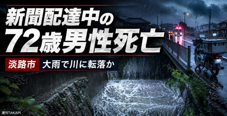 兵庫県淡路市で新聞配達中の72歳男性が大雨で増水した川に転落した可能性があり死亡した事故を伝える報道アイキャッチ