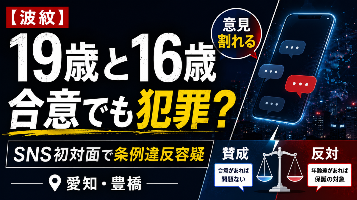 「19歳と16歳 合意でも犯罪？」の文字とスマホ、天秤を配置した、愛知・豊橋の青少年保護育成条例違反容疑を伝える報道用アイキャッチ