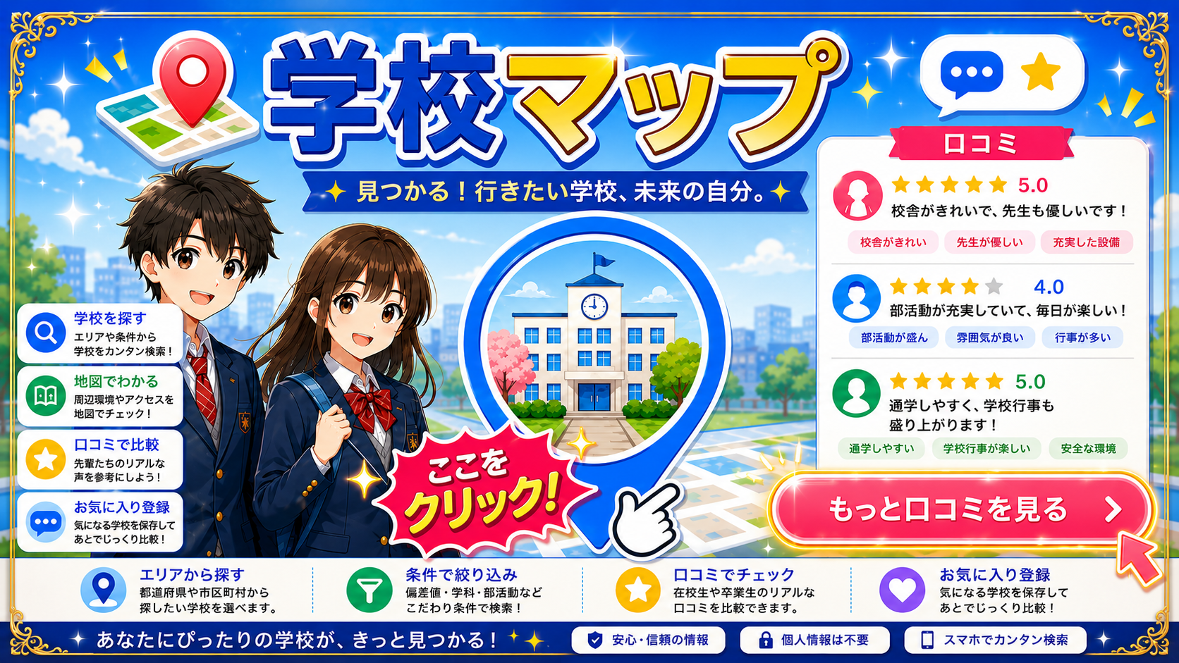 学校マップ公開を知らせる地図と口コミ投稿を組み合わせたWebサービス風アイキャッチ