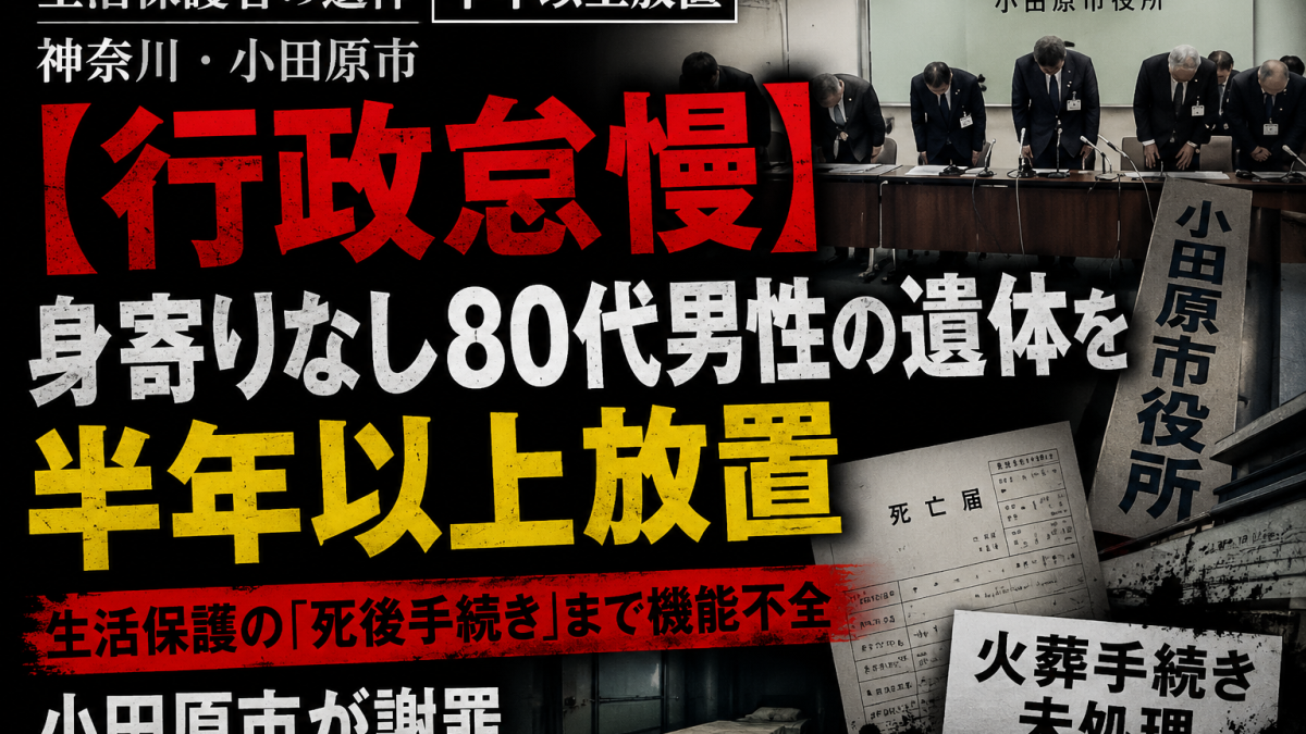 小田原市で生活保護を受給していた身寄りのない80代男性の遺体が半年以上火葬されなかった行政怠慢を伝える報道アイキャッチ