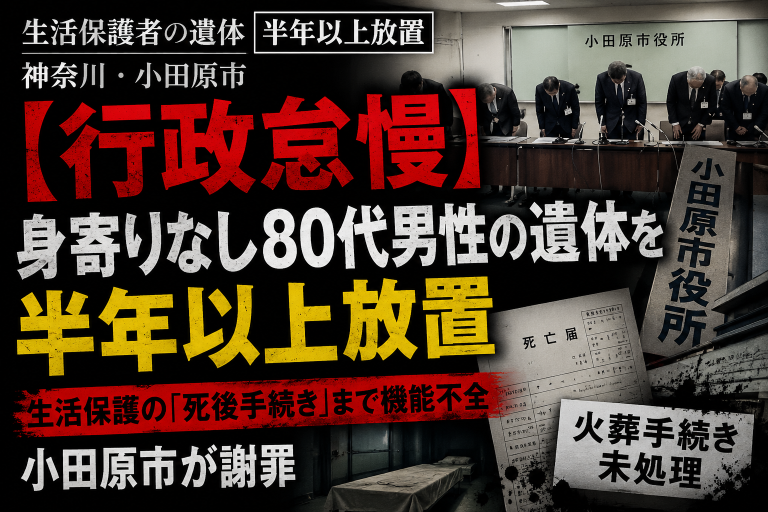 小田原市で生活保護を受給していた身寄りのない80代男性の遺体が半年以上火葬されなかった行政怠慢を伝える報道アイキャッチ