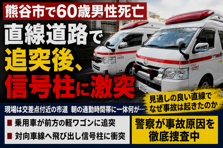 熊谷市押切の市道で起きた追突死亡事故を伝える報道アイキャッチ
