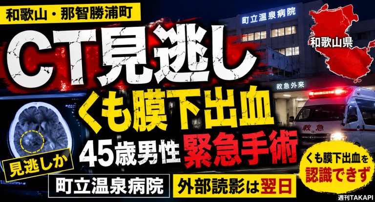 和歌山県那智勝浦町の町立温泉病院でCT検査によるくも膜下出血の認識遅れがあり、45歳男性が別病院で緊急手術を受けた問題を伝える報道アイキャッチ