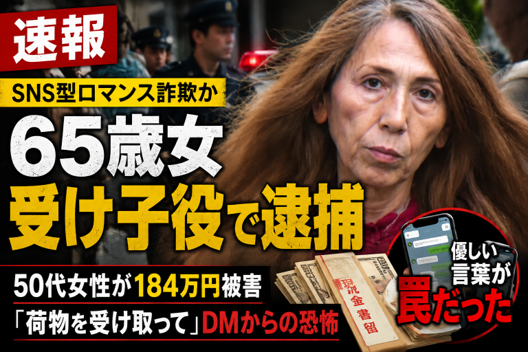 SNSで知り合った相手から荷物の受け取りを頼まれ現金184万円をだまし取られた疑いの特殊詐欺事件を伝える報道アイキャッチ