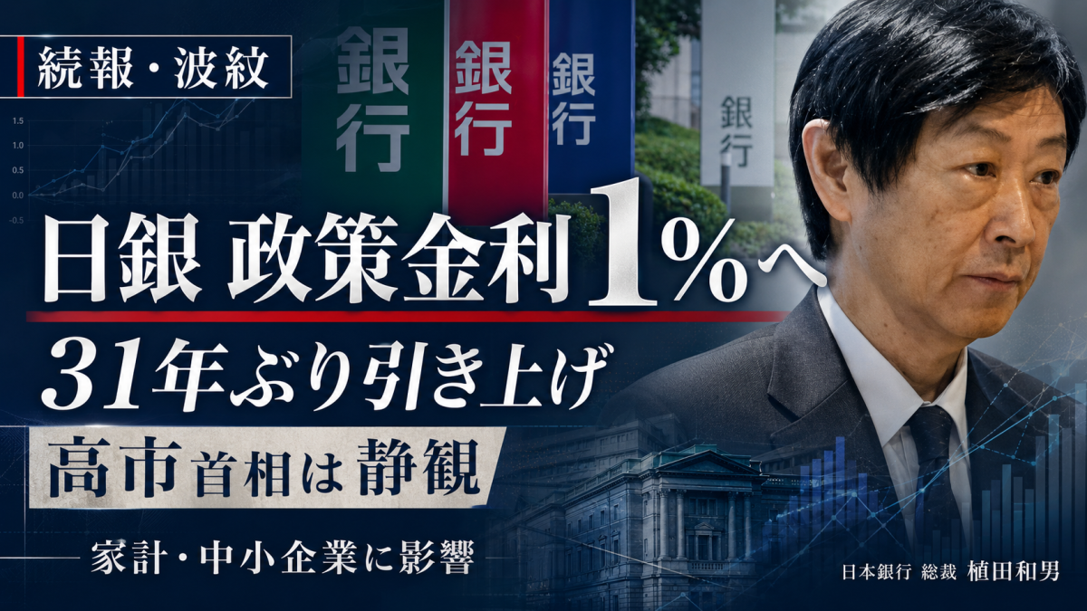 日銀が政策金利を1％へ引き上げ、高市首相が静観した背景と家計への影響を伝える経済報道アイキャッチ