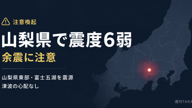 山梨県東部・富士五湖を震源とする震度6弱の地震について、余震への注意と津波の心配がないことを伝えるシンプルな注意喚起アイキャッチ