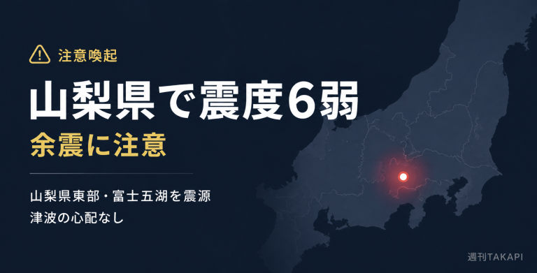 山梨県東部・富士五湖を震源とする震度6弱の地震について、余震への注意と津波の心配がないことを伝えるシンプルな注意喚起アイキャッチ