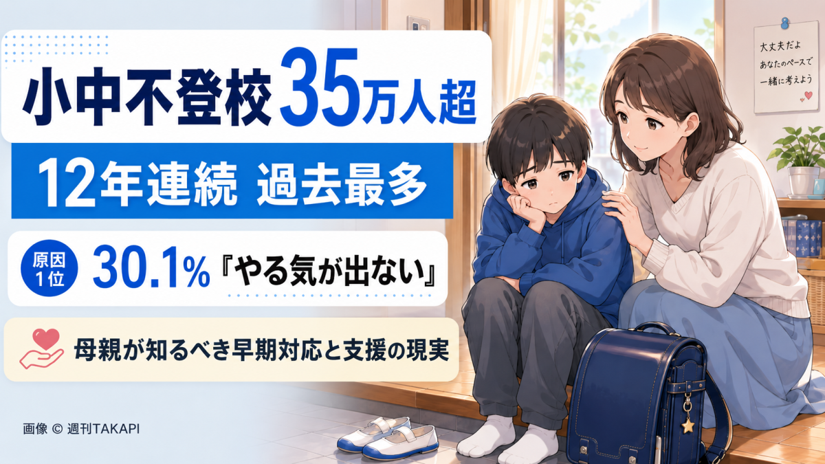 小中学校の不登校35万人超と、母親が知るべき早期対応を伝えるアニメ調アイキャッチ
