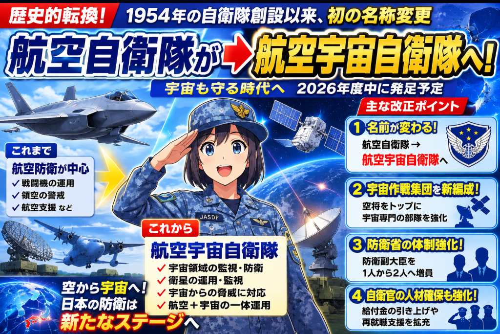 航空自衛隊が航空宇宙自衛隊へ改称され宇宙領域の監視や防衛体制が強化されることを一般向けにアニメ