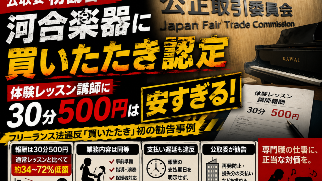 河合楽器製作所が体験レッスン講師に30分500円の低額報酬を設定し、公取委からフリーランス法違反の買いたたき認定を受けたことを伝える報道アイキャッチ