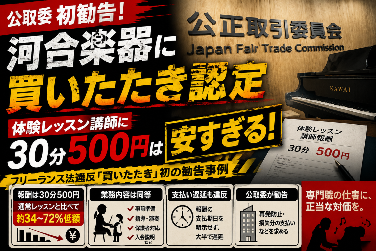 河合楽器製作所が体験レッスン講師に30分500円の低額報酬を設定し、公取委からフリーランス法違反の買いたたき認定を受けたことを伝える報道アイキャッチ