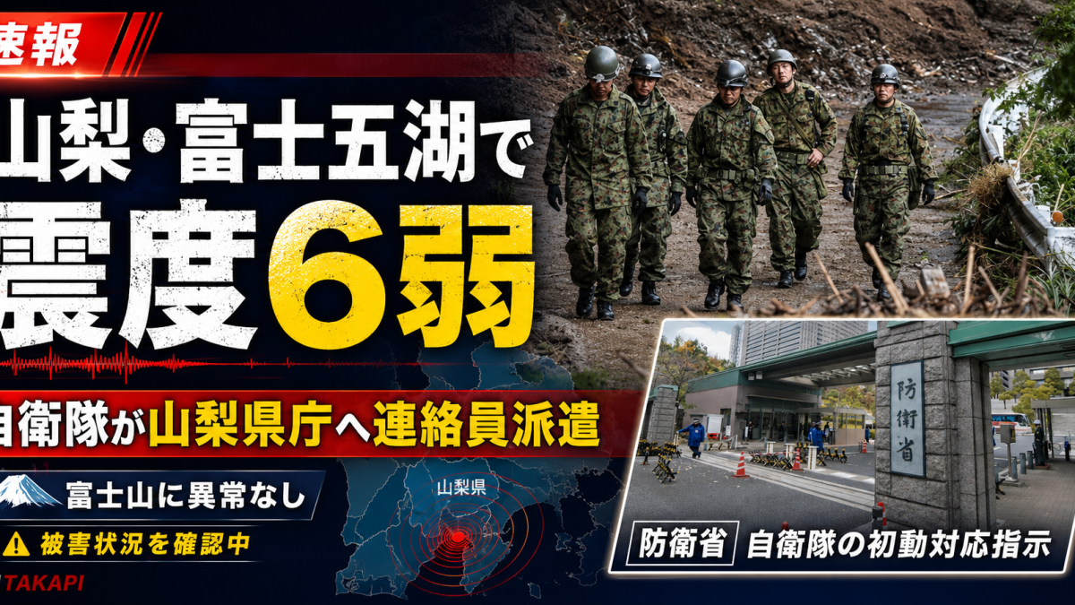 山梨県東部・富士五湖を震源とする震度6弱の地震を受け、自衛隊が山梨県庁へ連絡員を派遣した初動対応を伝える報道アイキャッチ。