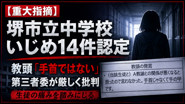 大阪府堺市の市立中学校で女子生徒へのいじめ14件が認定され、教頭発言を第三者委員会が厳しく批判した問題を伝える報道アイキャッチ