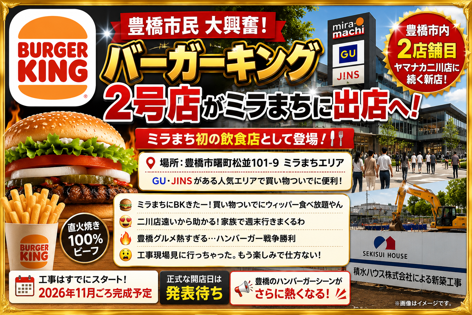 豊橋市曙町松並のミラまちにバーガーキング2号店が出店する見込みを伝える地元グルメ記事のイメージ