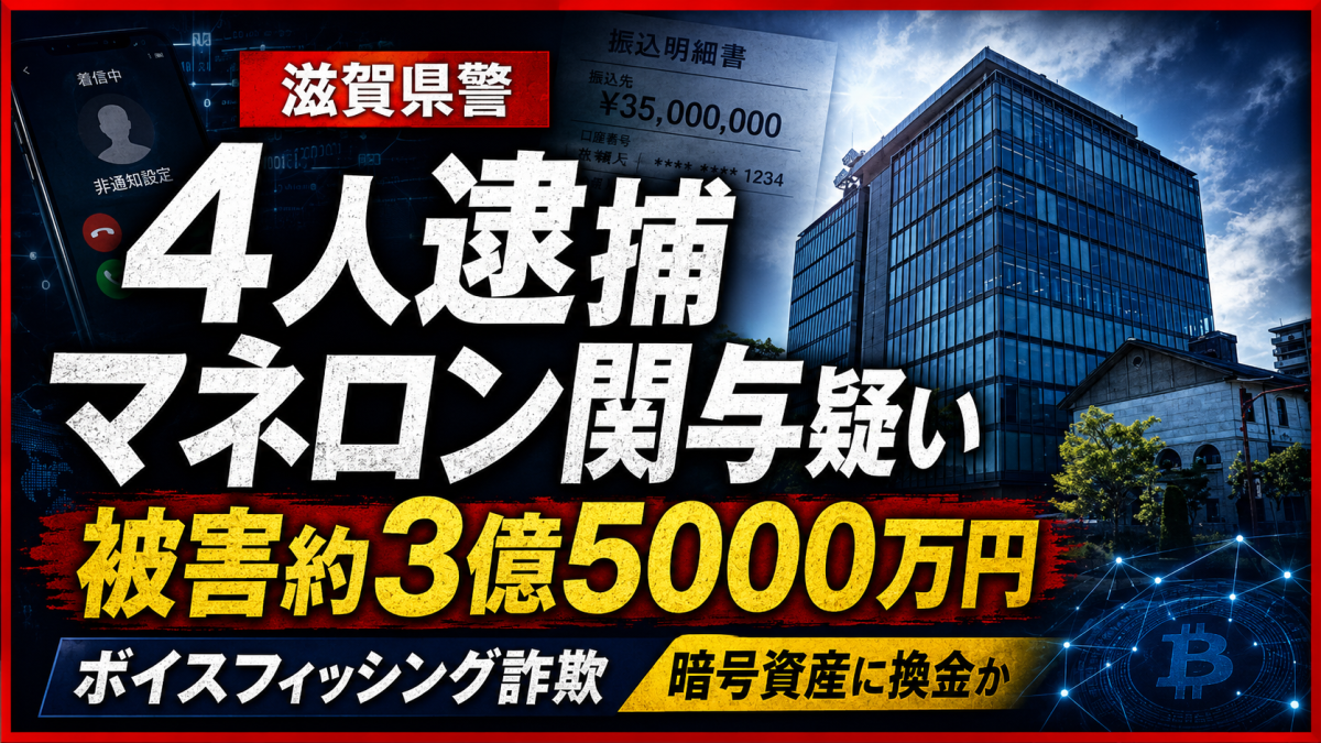 滋賀県警がボイスフィッシング詐欺のマネロン関与疑いで4人を逮捕した事件を伝える報道用アイキャッチ