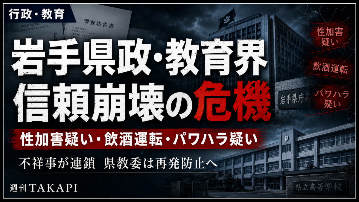 岩手県で行政不祥事や教育行政不祥事が相次いでいることを伝えるシリアス報道用アイキャッチ
