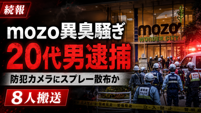 名古屋市西区のmozoワンダーシティで起きた異臭騒ぎで20代の男が逮捕された事件を伝える週刊TAKAPIの報道アイキャッチ