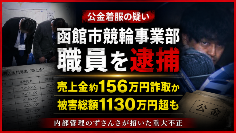 函館市競輪事業部の職員が競輪売上金口座から約156万円を不正に引き出したとして逮捕され被害総額1130万円超の可能性がある事件を伝える報道アイキャッチ