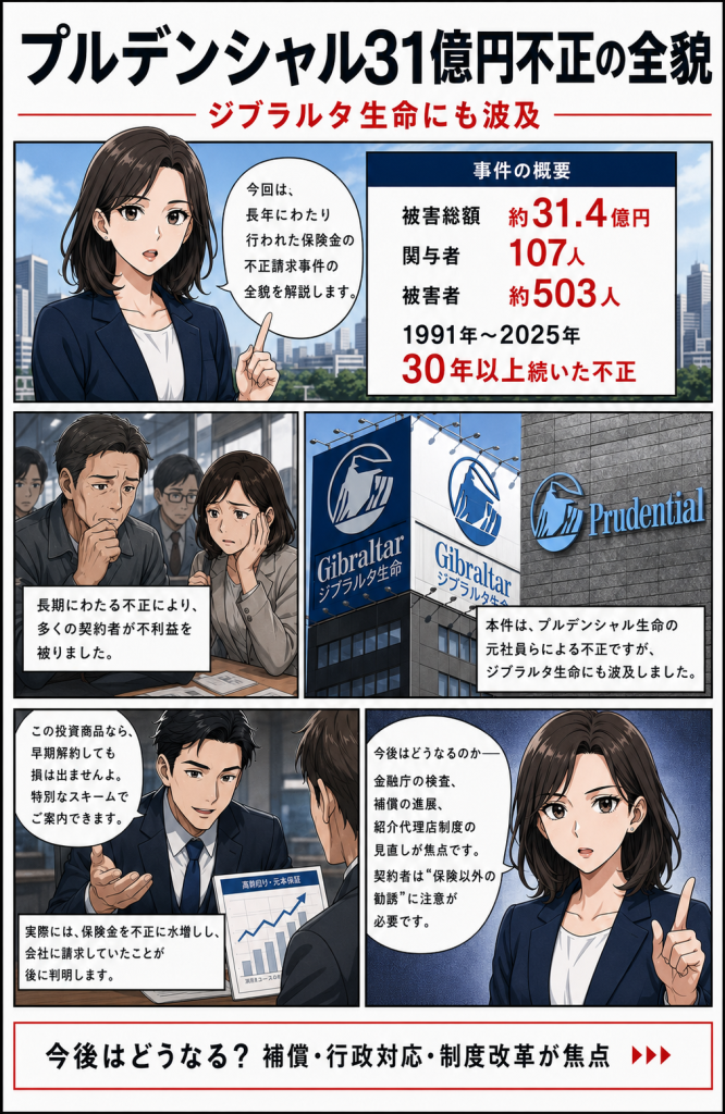 プルデンシャル生命31億円不正の全貌を漫画で解説し、ジブラルタ生命への波及、被害約503人、関与107人、補償・行政対応・制度改革の焦点を示す画像