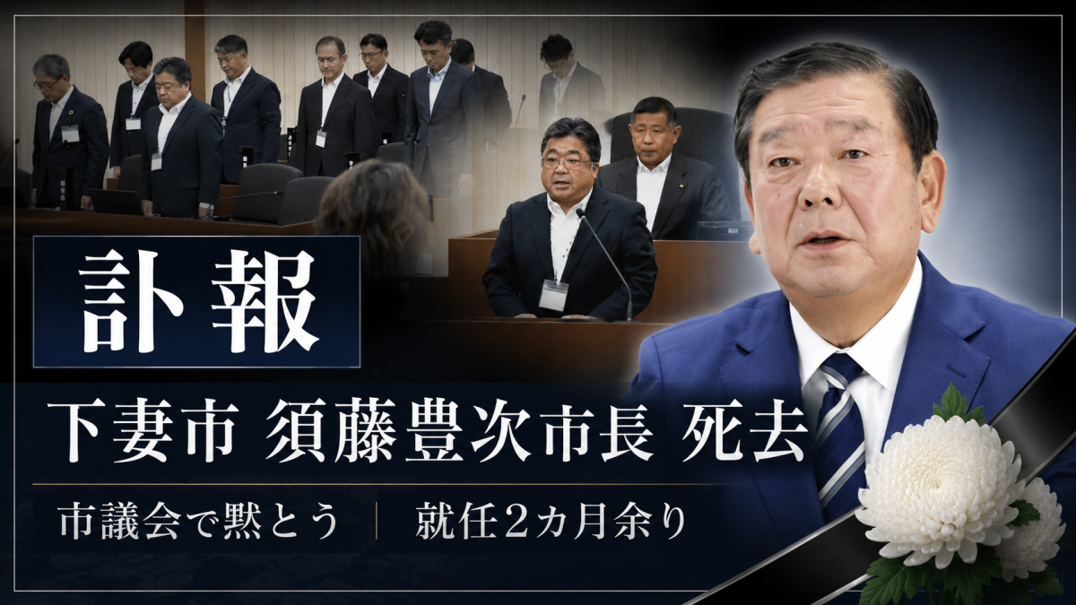 茨城県下妻市の須藤豊次市長が死去し、市議会で1分間の黙とうが捧げられたことを伝える訃報アイキャッチ