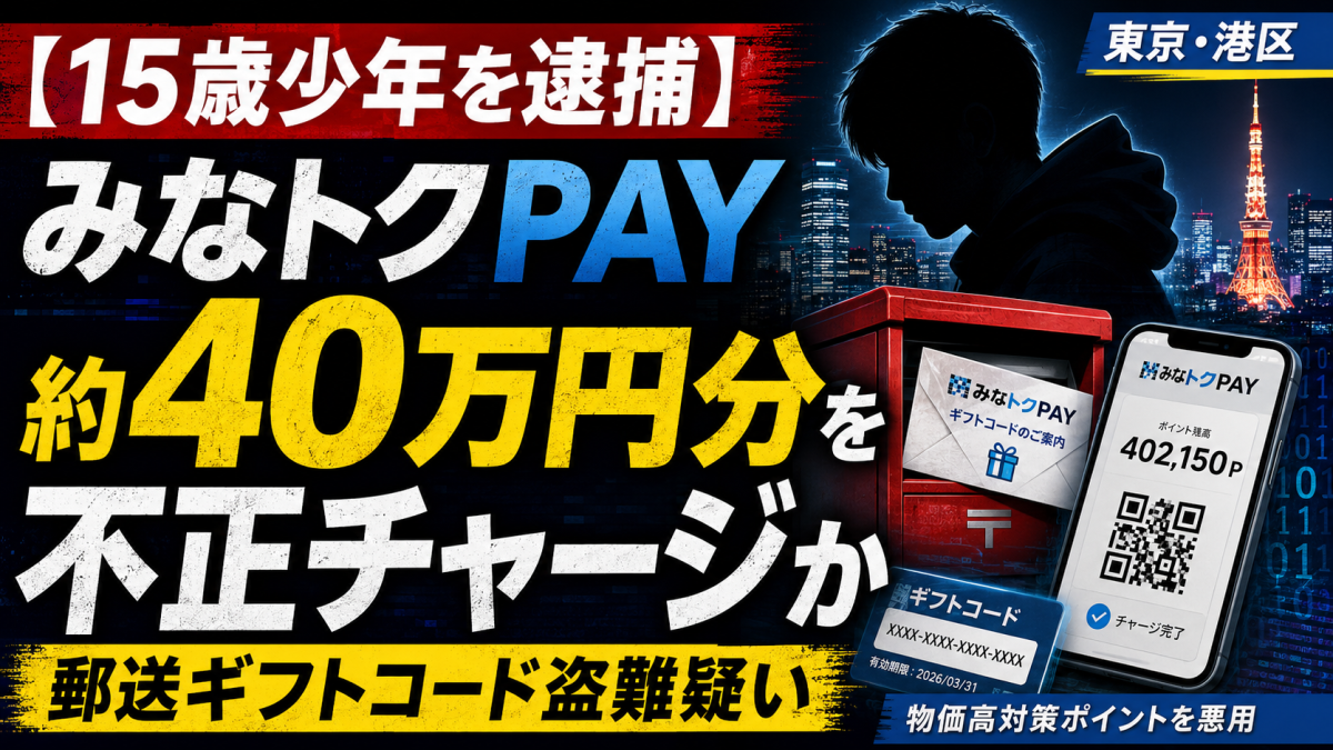 港区のみなトクPAYギフトコード不正利用事件で15歳少年が逮捕されたニュースを伝える週刊TAKAPIの報道アイキャッチ画像