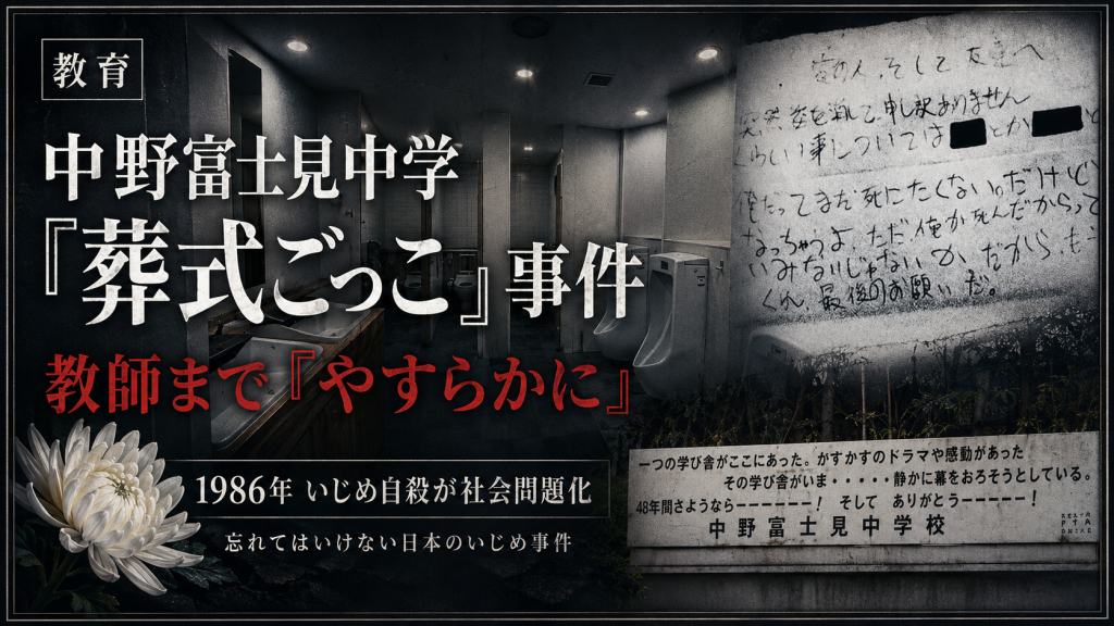 中野富士見中学の葬式ごっこ事件を象徴する空の教室と白い花の報道イメージ