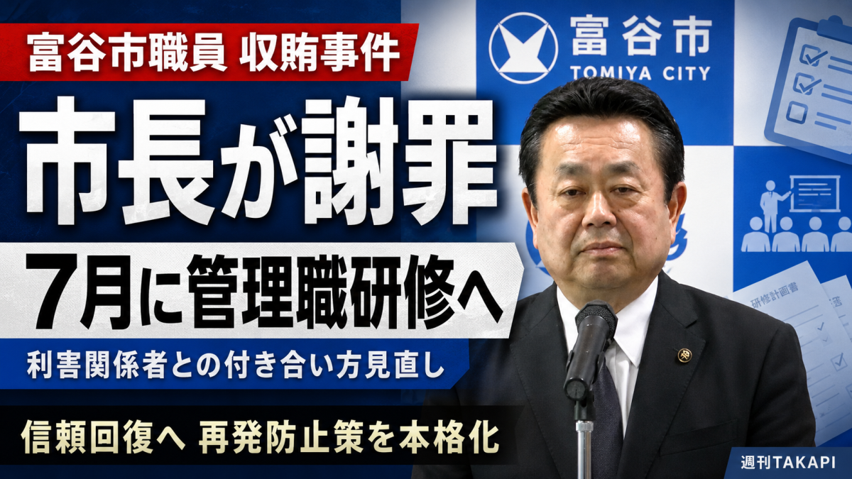 富谷市職員収賄事件を受けて市長が謝罪し、利害関係者との付き合い方を見直す管理職研修を実施することを伝える報道アイキャッチ
