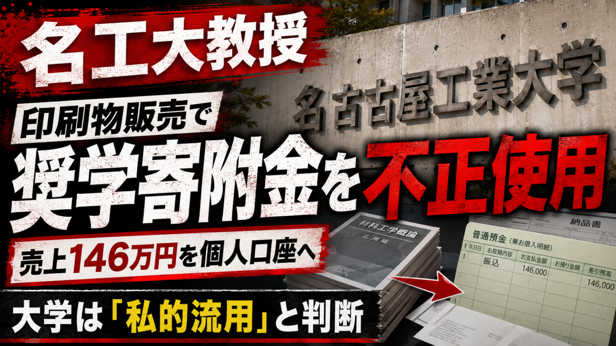 名古屋工業大学教授による奨学寄附金不正使用と個人口座入金問題を伝える報道アイキャッチ