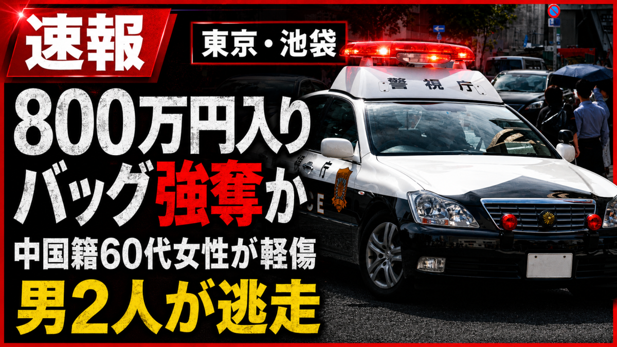 東京・豊島区池袋の路上で、中国籍の60歳女性が男とみられる2人にショルダーバッグを奪われた強盗傷害事件を伝える報道アイキャッチ。夜の池袋繁華街、警察車両の赤色灯、規制線、現金約800万円被害疑い、男2人逃走という要素を黒と赤を基調に表現している。