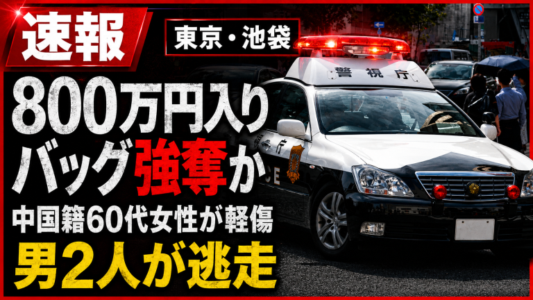 東京・豊島区池袋の路上で、中国籍の60歳女性が男とみられる2人にショルダーバッグを奪われた強盗傷害事件を伝える報道アイキャッチ。夜の池袋繁華街、警察車両の赤色灯、規制線、現金約800万円被害疑い、男2人逃走という要素を黒と赤を基調に表現している。