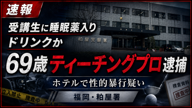 ゴルフスクール受講生の40代女性に睡眠薬入りドリンクを飲ませ、ホテルで性的暴行を加えた疑いで69歳のティーチングプロが逮捕された事件を伝える速報アイキャッチ