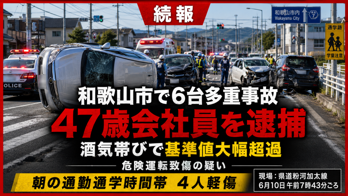 和歌山市直川の県道粉河加太線で発生した6台絡む多重事故を伝える報道アイキャッチ。朝の通勤通学時間帯、横転した車両、飲酒運転疑い、危険運転致傷容疑で47歳会社員が逮捕された事故の概要を赤と黒を基調に表現している。