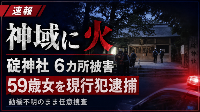 広島市中区白島九軒町の碇神社でしめ縄など6カ所に火がつけられた器物損壊事件を伝える報道アイキャッチ