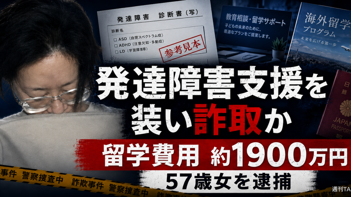 発達障害の疑いがある子どもの親に偽診断書を示し海外留学費用として約1900万円をだまし取った疑いで57歳女が逮捕された事件を伝える報道アイキャッチ