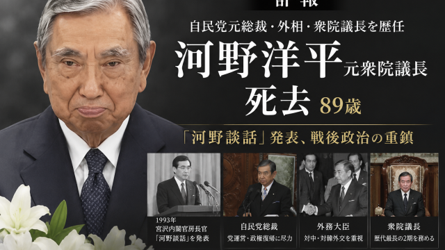 河野洋平元衆院議長の死去を伝える報道アイキャッチ。自民党総裁、外務大臣、衆院議長を歴任し、1993年に河野談話を発表した戦後政治の重鎮としての歩みを黒基調の追悼デザインで表現している。