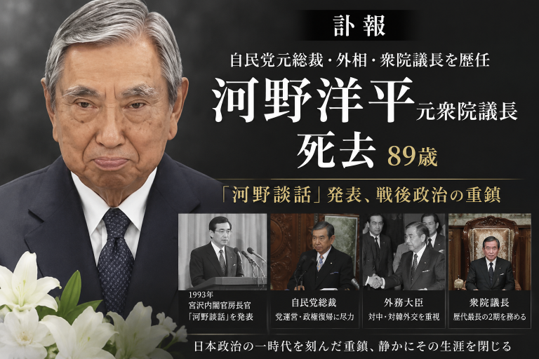 河野洋平元衆院議長の死去を伝える報道アイキャッチ。自民党総裁、外務大臣、衆院議長を歴任し、1993年に河野談話を発表した戦後政治の重鎮としての歩みを黒基調の追悼デザインで表現している。