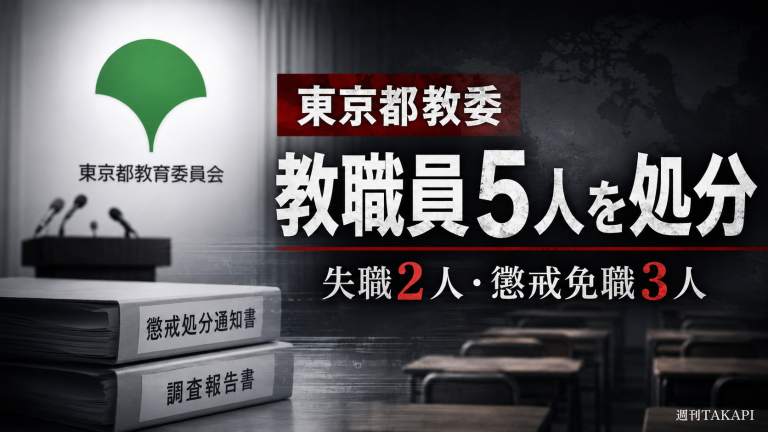 東京都教育委員会が性犯罪や公文書偽造、盗撮未遂などで教職員5人を失職または懲戒免職処分とした問題を伝える報道アイキャッチ