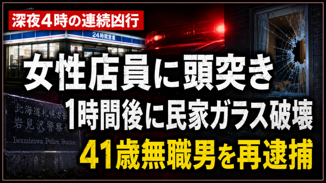 北海道岩見沢市で41歳無職の男がコンビニで女性店員に頭突きしその後民家のガラス窓を壊した事件を伝える報道アイキャッチ