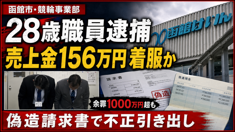 函館市競輪事業部の職員が競輪売上金を偽造請求書で不正に引き出した疑いを伝える報道用アイキャッチ