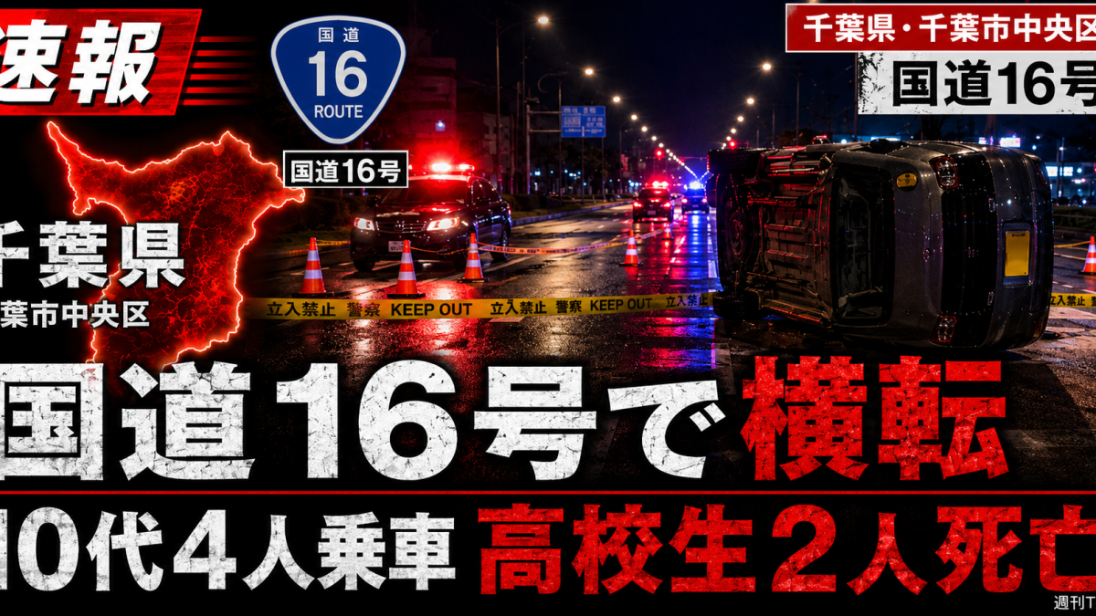 千葉県千葉市中央区の国道16号で軽自動車が横転し、10代4人が乗車、高校生2人が死亡した事故を伝える報道アイキャッチ