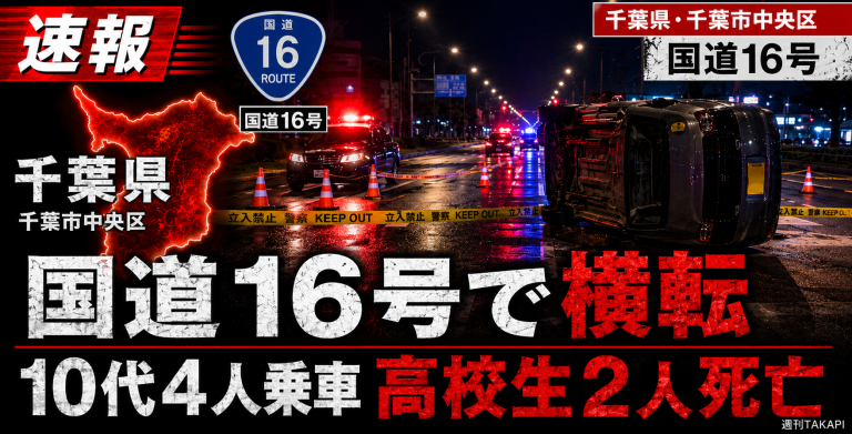 千葉県千葉市中央区の国道16号で軽自動車が横転し、10代4人が乗車、高校生2人が死亡した事故を伝える報道アイキャッチ