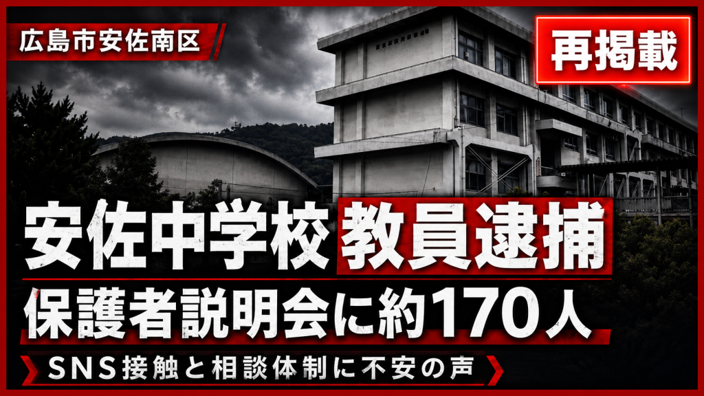 広島市立安佐中学校の教員逮捕と保護者説明会を伝える報道アイキャッチ