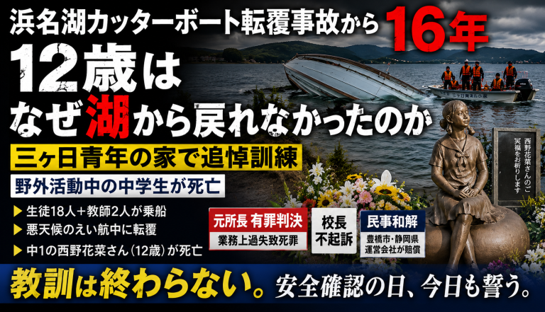 浜名湖カッターボート転覆事故から16年を迎え三ケ日青年の家で追悼訓練が行われたことを伝える報道アイキャッチ