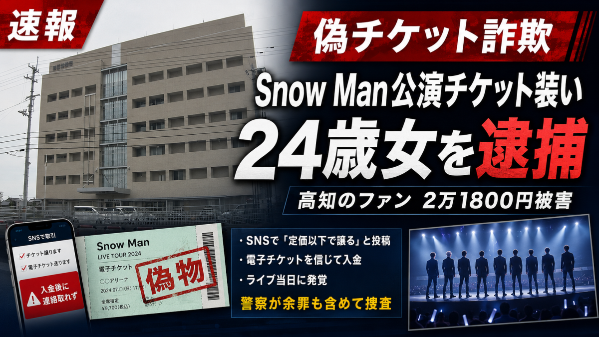 Snow Manのライブチケットを販売すると偽り、20代女性から現金をだまし取った疑いで24歳の臨床工学技士が逮捕された事件を伝える報道アイキャッチ画像。SNSチケット詐欺と推し活被害を表現している。