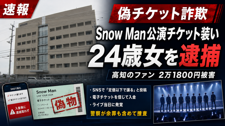 Snow Manのライブチケットを販売すると偽り、20代女性から現金をだまし取った疑いで24歳の臨床工学技士が逮捕された事件を伝える報道アイキャッチ画像。SNSチケット詐欺と推し活被害を表現している。