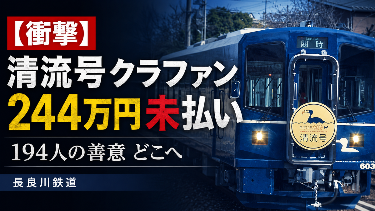 長良川鉄道の新型車両清流号を支援するクラウドファンディングで244万3901円が未払いとなった問題を伝える報道アイキャッチ